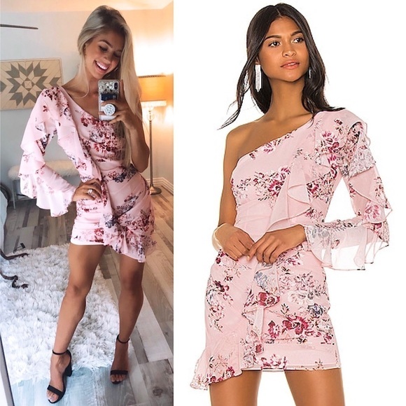 MICHAEL COSTELLO X REVOLVE Floral One Shoulder Long Sleeve Draped Ruffle Dress S - Picture 1 of 4